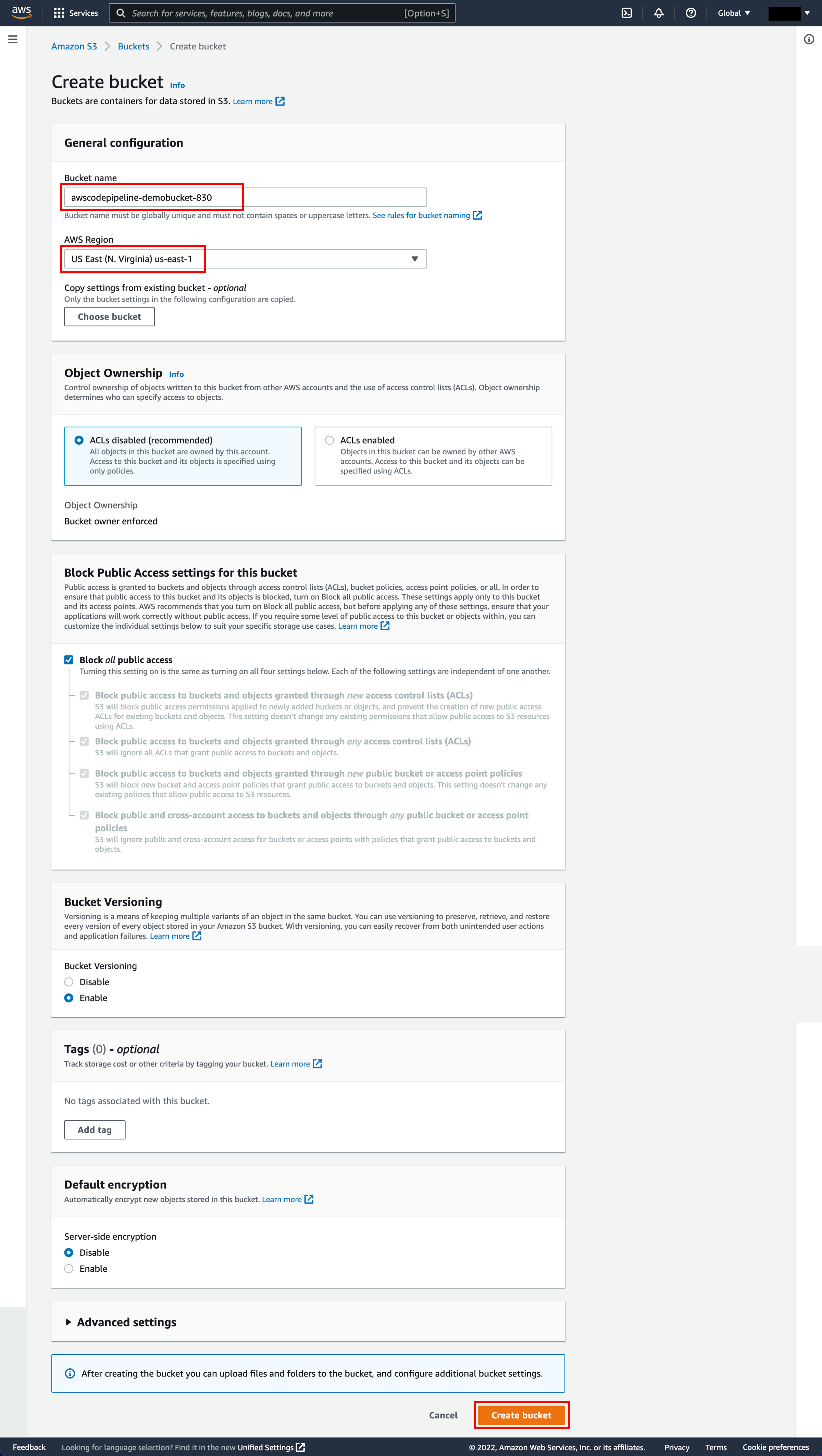 The AWS S3 "Create bucket" configuration page, showing fields for bucket name, region selection, object ownership, public access settings, versioning, tags, encryption, and an orange "Create bucket" button.