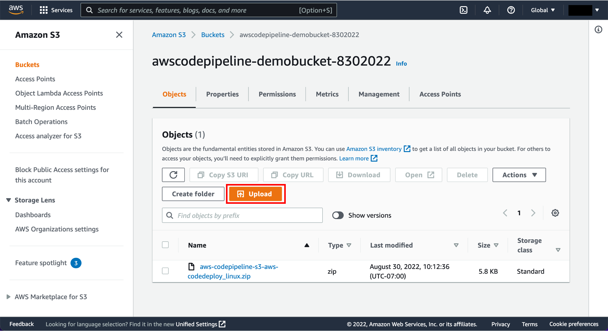 An Amazon S3 bucket interface showing one object, a zip file named "aws-codepipeline-s3-aws-codedeploy_linux.zip," with options to upload, create a folder, and perform actions.