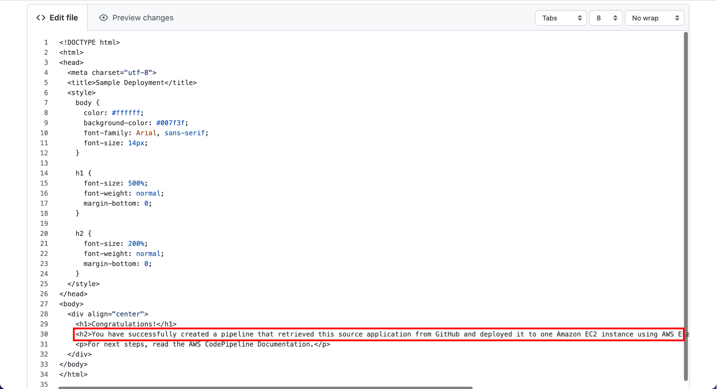 HTML code snippet with a congratulatory message for successfully creating an AWS CodePipeline deployment.