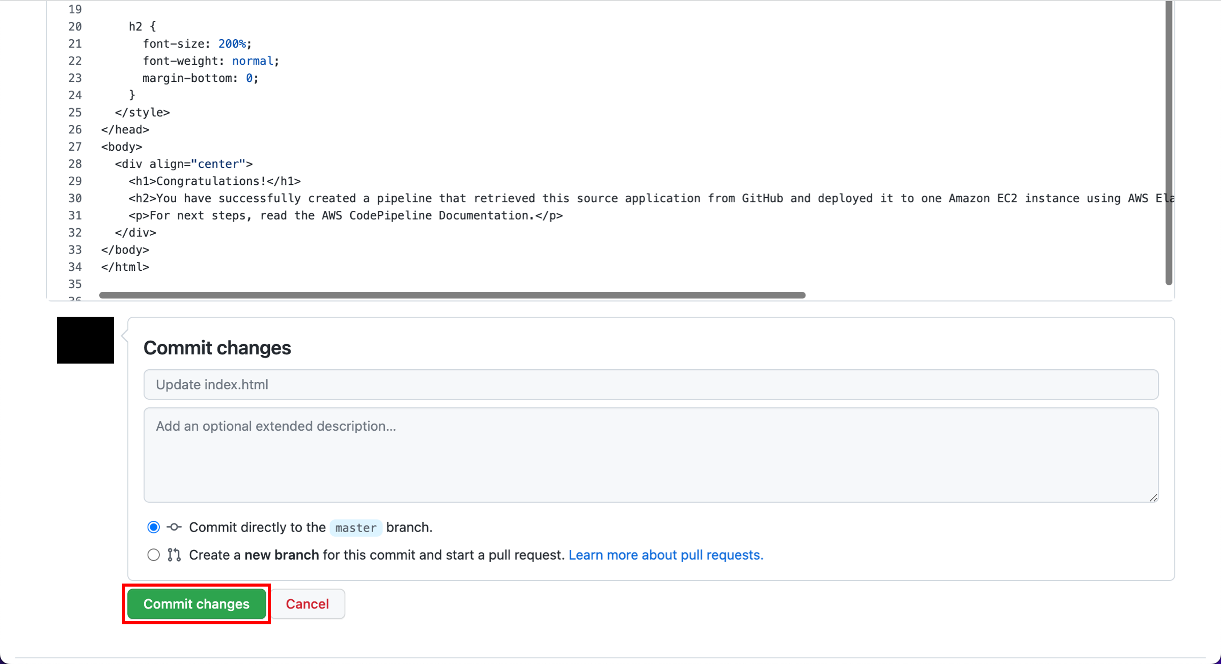 An HTML code snippet displaying a "Congratulations!" message and instructions for AWS CodePipeline, alongside a GitHub interface for committing changes to a file.
