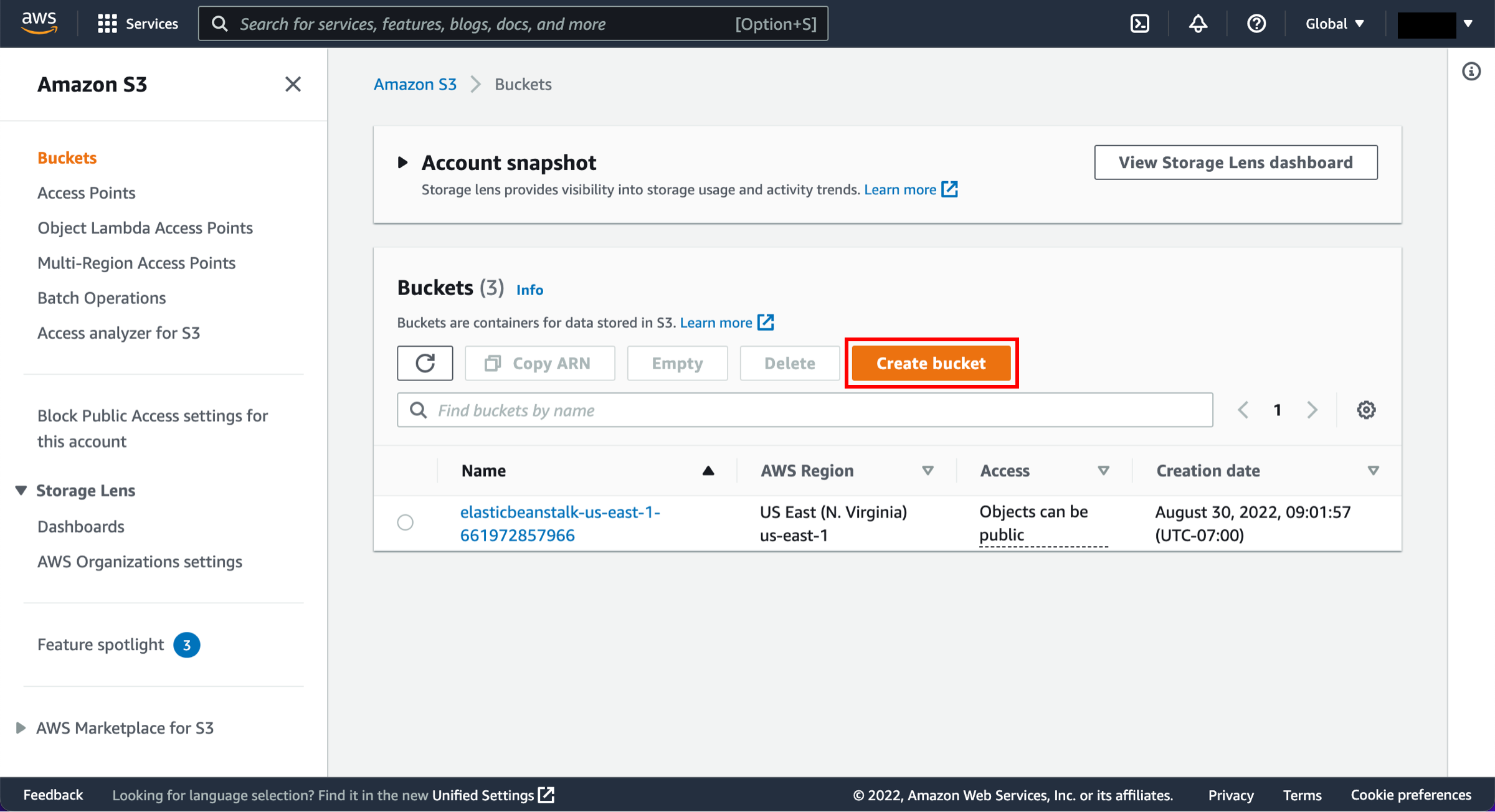 Amazon S3 dashboard showing a list of buckets with a highlighted 'Create bucket' button.