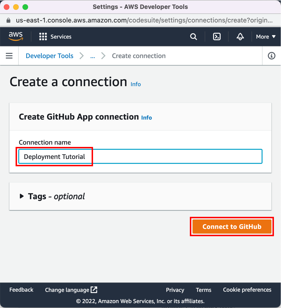 AWS Developer Tools interface showing the 'Create a connection' page with a connection name 'Deployment Tutorial' and a highlighted 'Connect to GitHub' button.