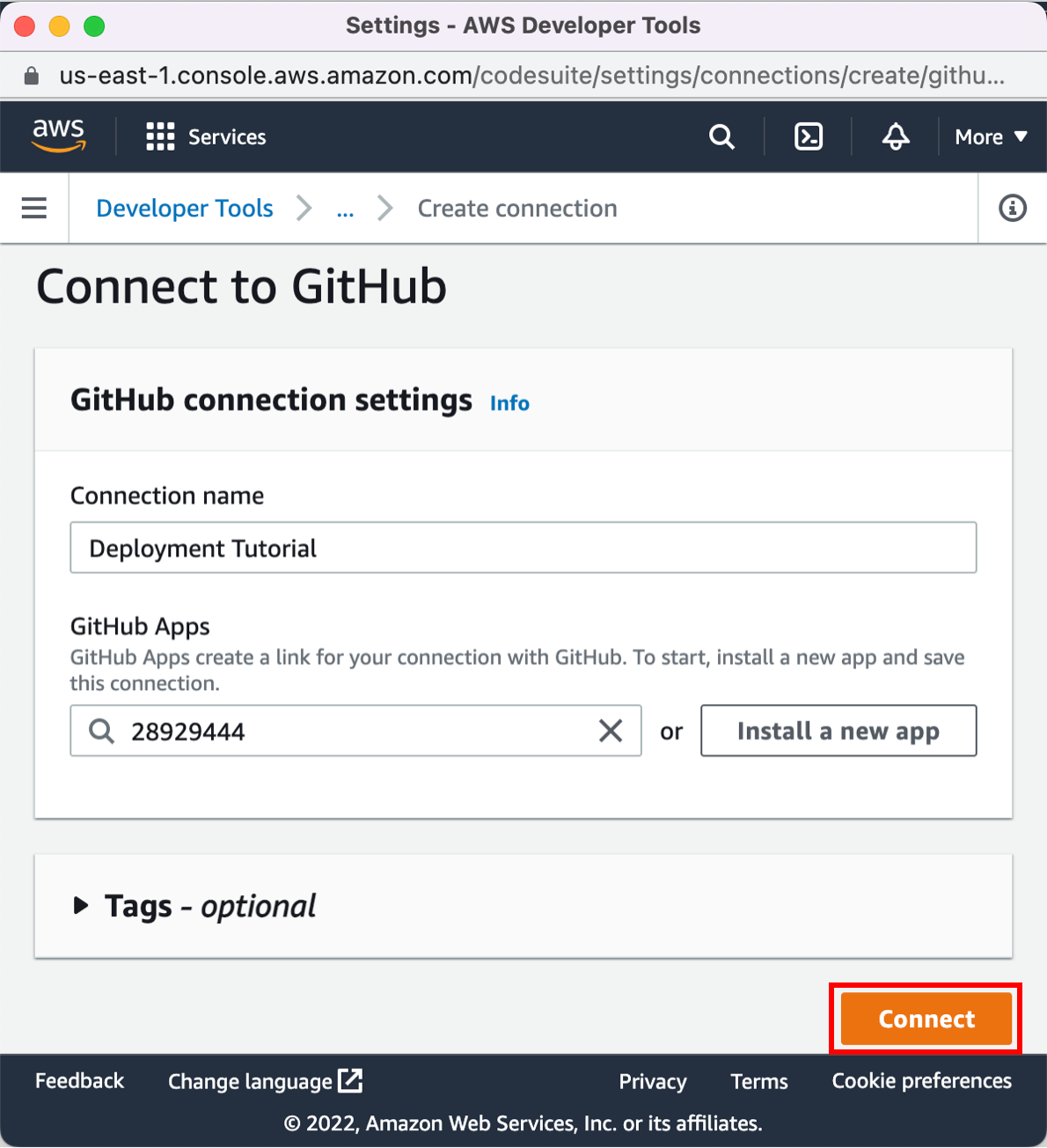 AWS Developer Tools interface showing GitHub connection settings with a connection name 'Deployment Tutorial' and a highlighted 'Connect' button.