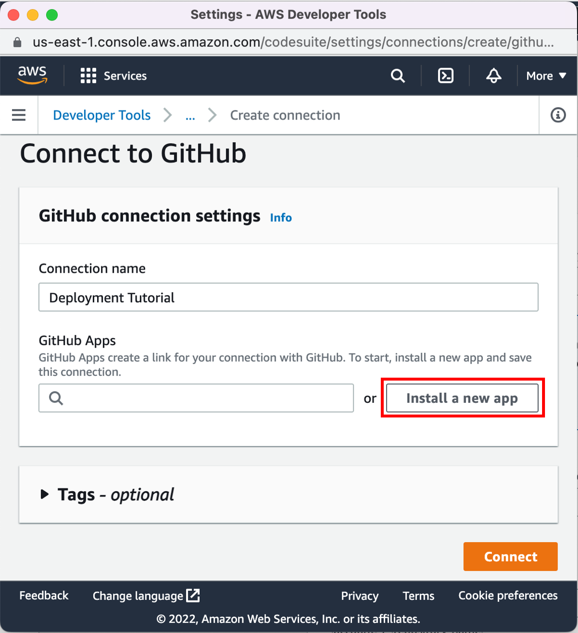 AWS Developer Tools interface showing GitHub connection settings with a "Connection name" field, "Install a new app" button highlighted, and "Connect" button at the bottom.