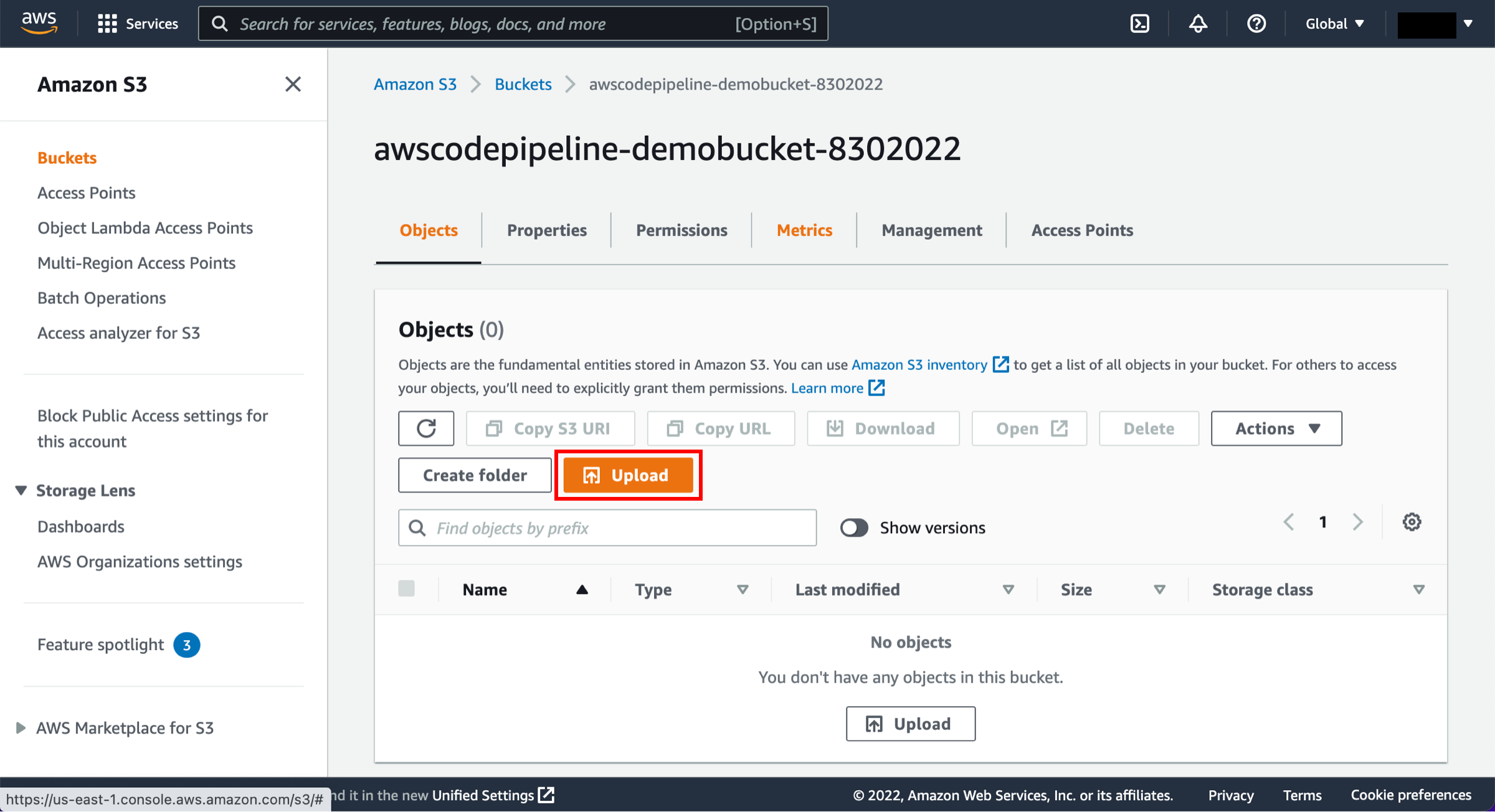 An empty Amazon S3 bucket interface with an "Upload" button highlighted in orange.
