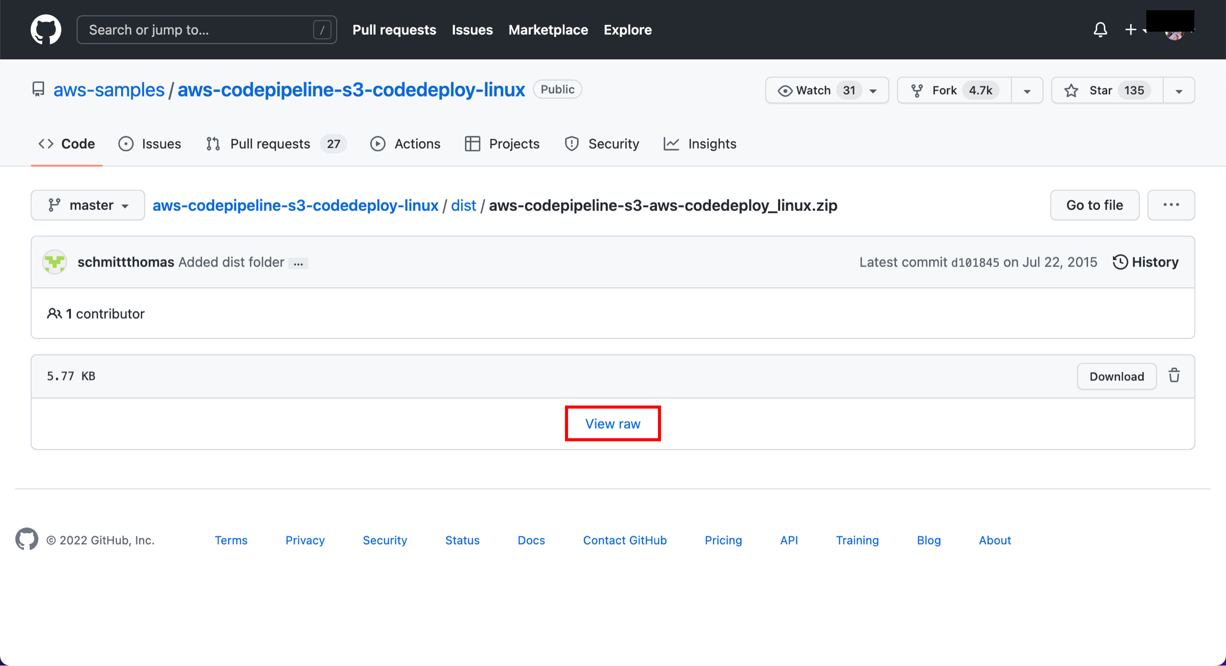 GitHub repository page showing a downloadable ZIP file with a "View raw" option highlighted in red.