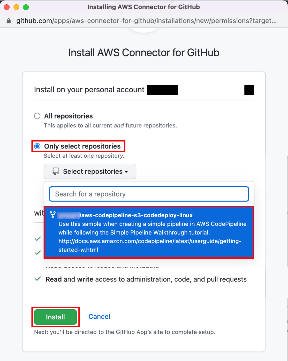 Installation screen for AWS Connector for GitHub, showing the option to select specific repositories with one repository highlighted, and an 'Install' button at the bottom.