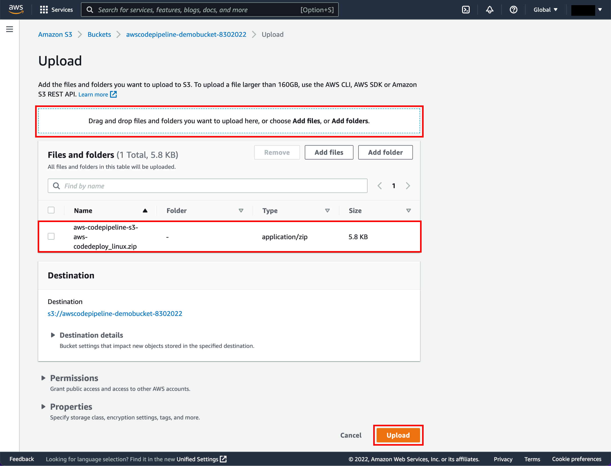 The AWS S3 upload interface showing a selected file named 'aws-codepipeline-s3-aws-codedeploy_linux.zip' with a size of 5.8 KB, ready to be uploaded to the specified bucket.