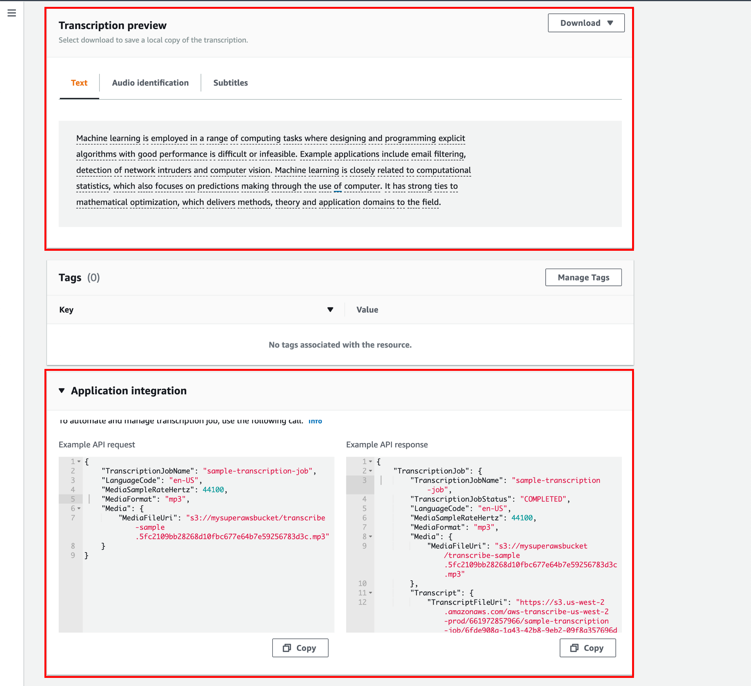 A transcription preview interface showing text content, tags section with no tags, and application integration examples for API request and response.