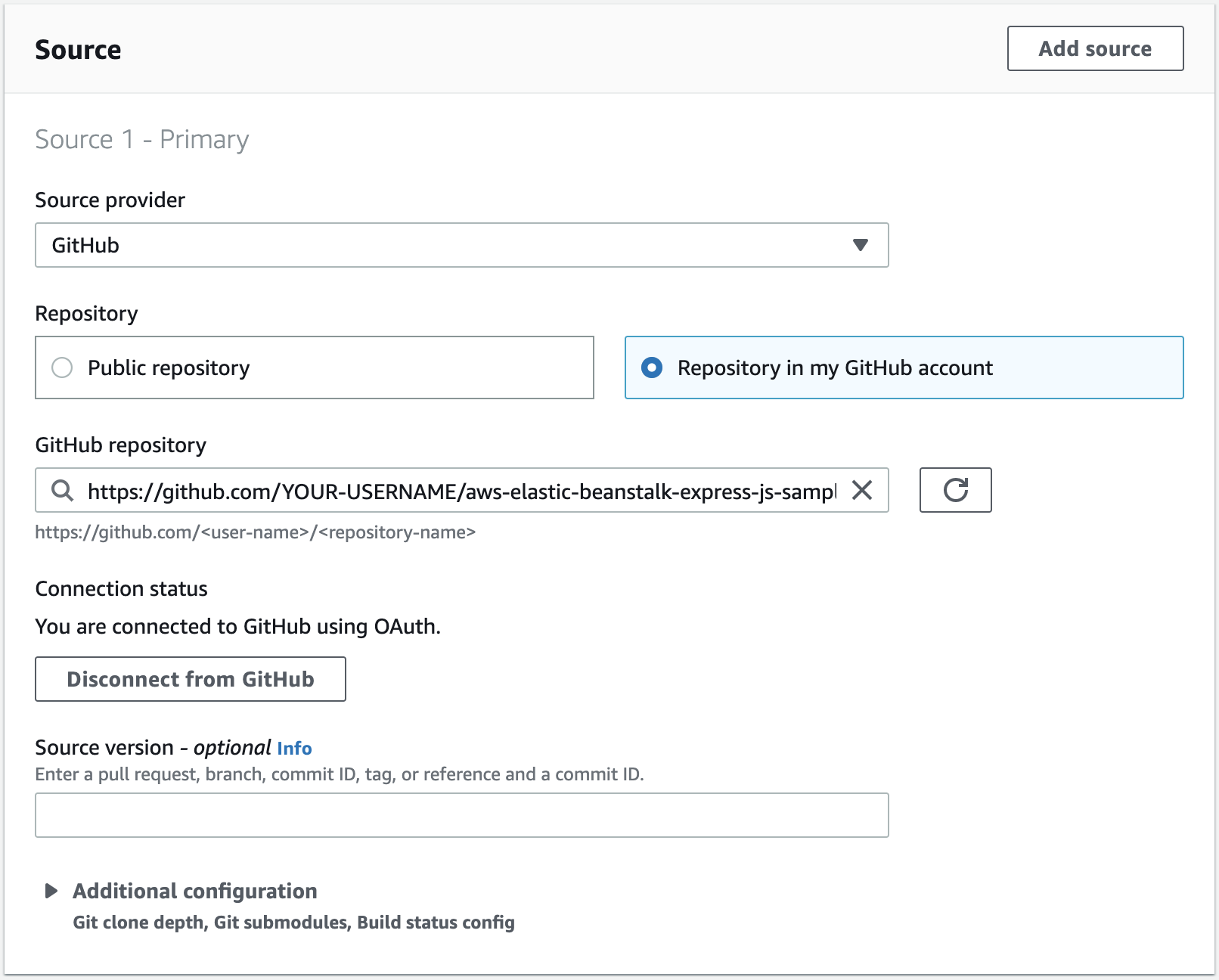 The AWS CodeBuild console showing the configuration of a source from a GitHub repository for a continuous delivery pipeline tutorial, including connection status and repository details.