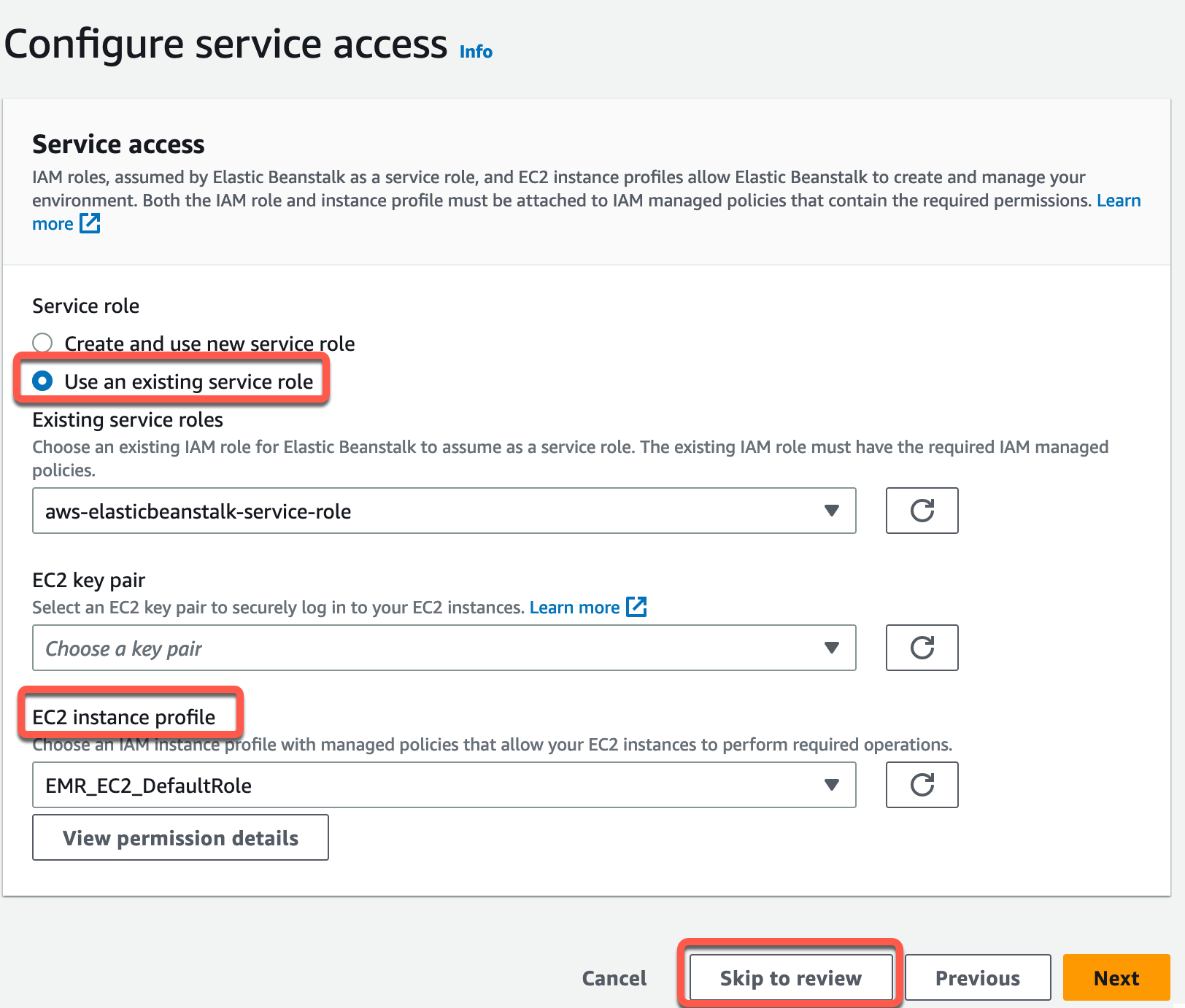 The 'Configure service access' step in an AWS tutorial for creating a continuous delivery pipeline. The image highlights using an existing IAM service role and selecting an EC2 instance profile, with the 'Skip to review' button outlined at the bottom.