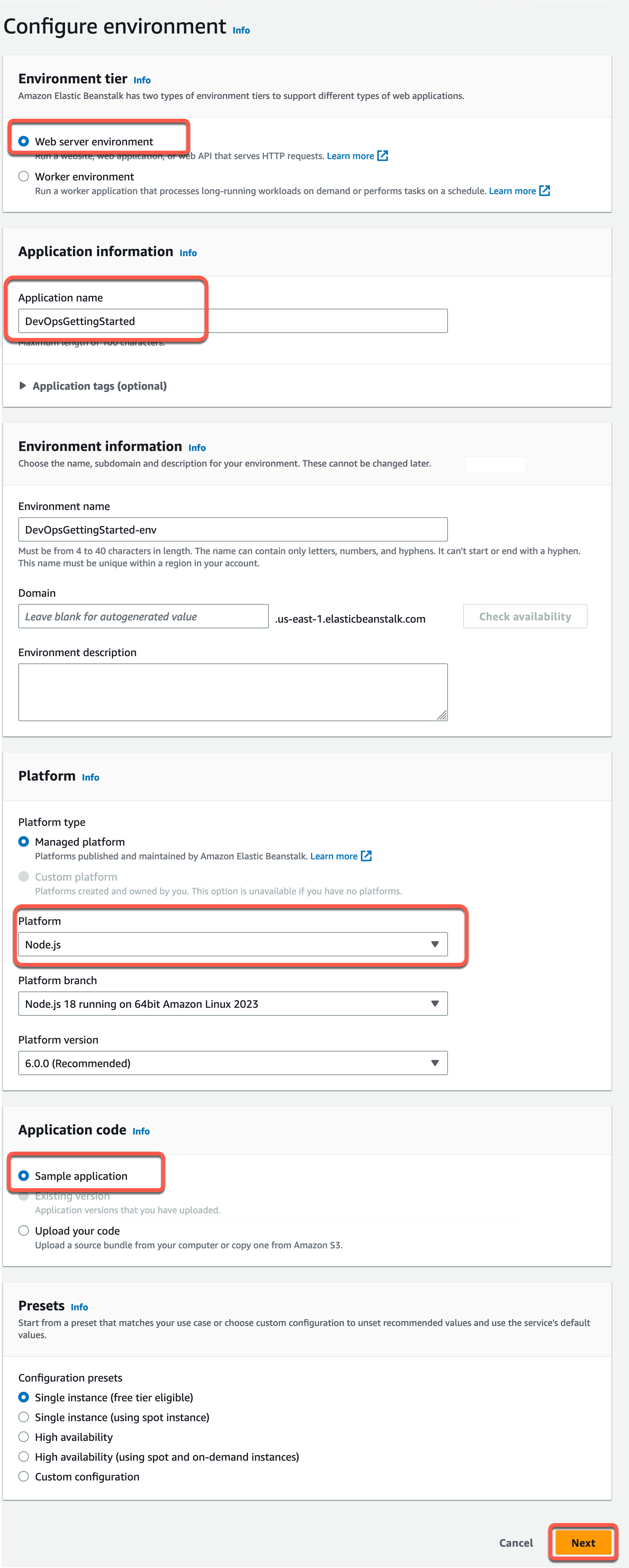 The 'Configure environment' screen in AWS Elastic Beanstalk for a continuous delivery pipeline tutorial. The image shows configuration options including environment tier (Web server environment), application and environment names, platform (Node.js), sample application code option, and single instance configuration preset. The 'Next' button is highlighted at the bottom.