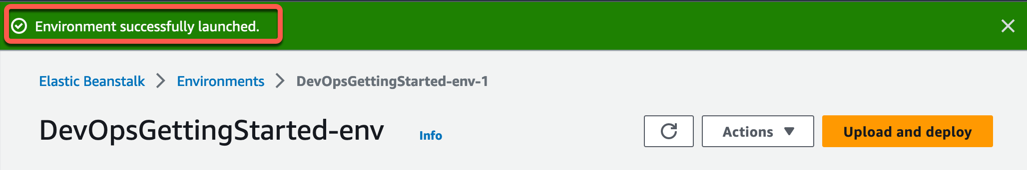 A successful environment launch in the AWS Elastic Beanstalk environment during the Create Continuous Delivery Pipeline tutorial. A green banner at the top reads 'Environment successfully launched.'.