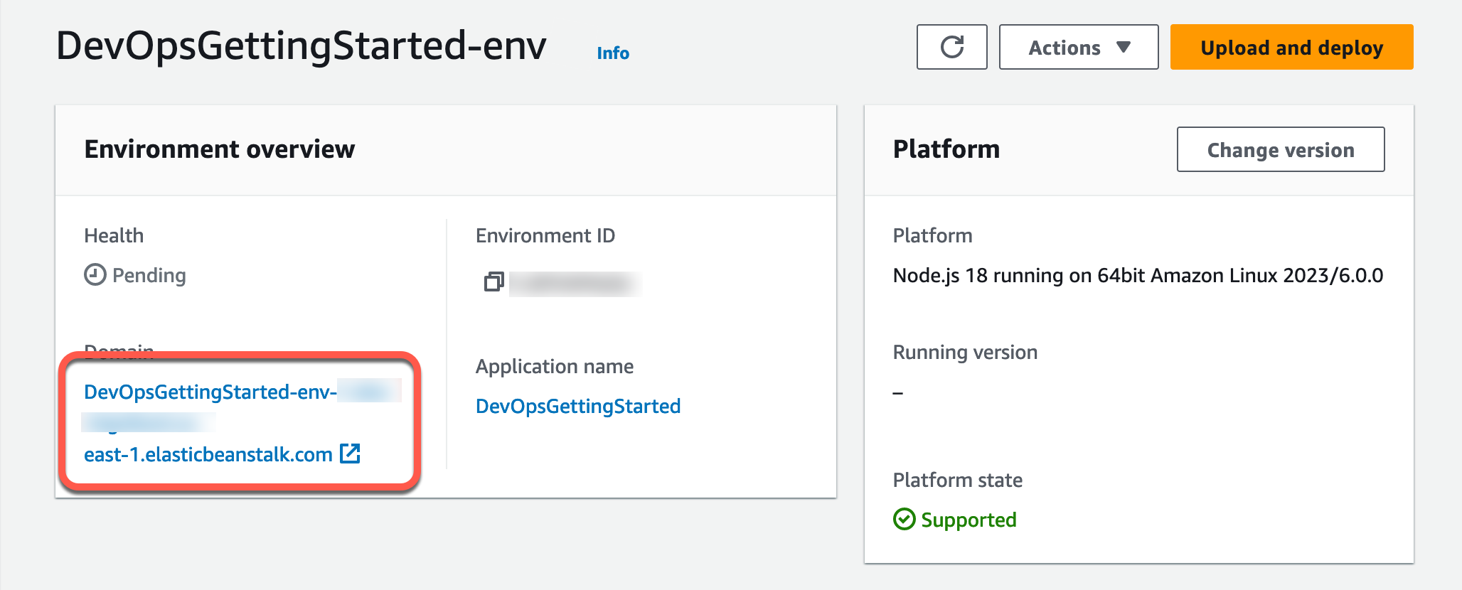 The 'Environment overview' section in AWS console for 'DevOpsGettingStarted-env', highlighting the application link (elasticbeanstalk URL) in the process of creating a continuous delivery pipeline tutorial.