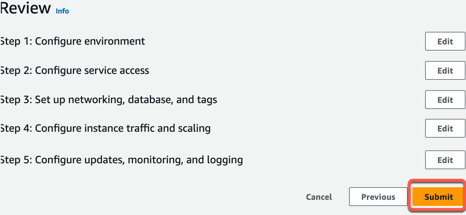The 'Review' step in the AWS Create Continuous Delivery Pipeline tutorial, showing steps to configure environment, service access, networking, instance traffic, and updates, with edit and submit options.