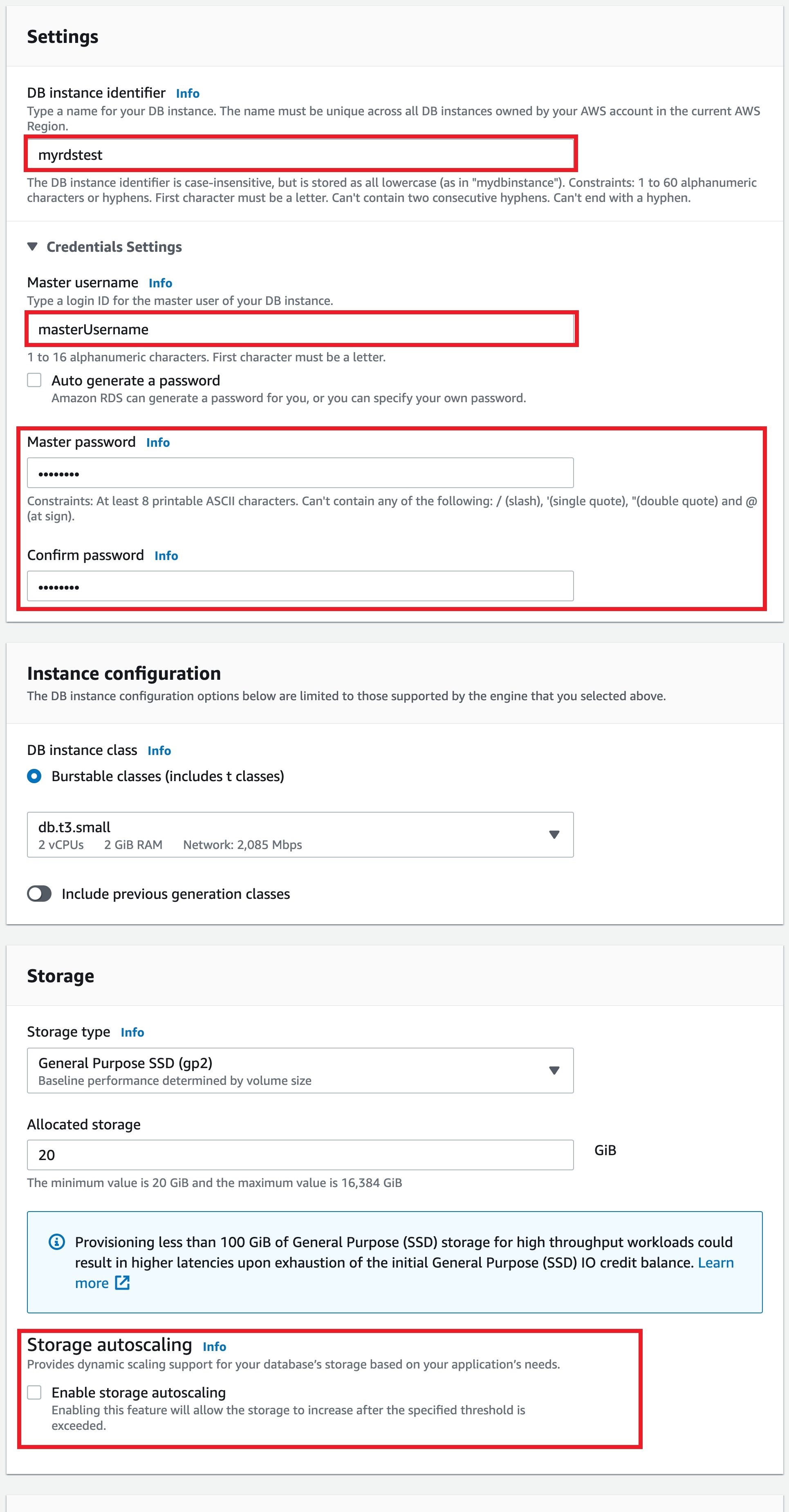AWS RDS database settings, including DB instance identifier, master username and password fields, instance configuration, storage type, allocated storage, and an option to enable storage autoscaling.