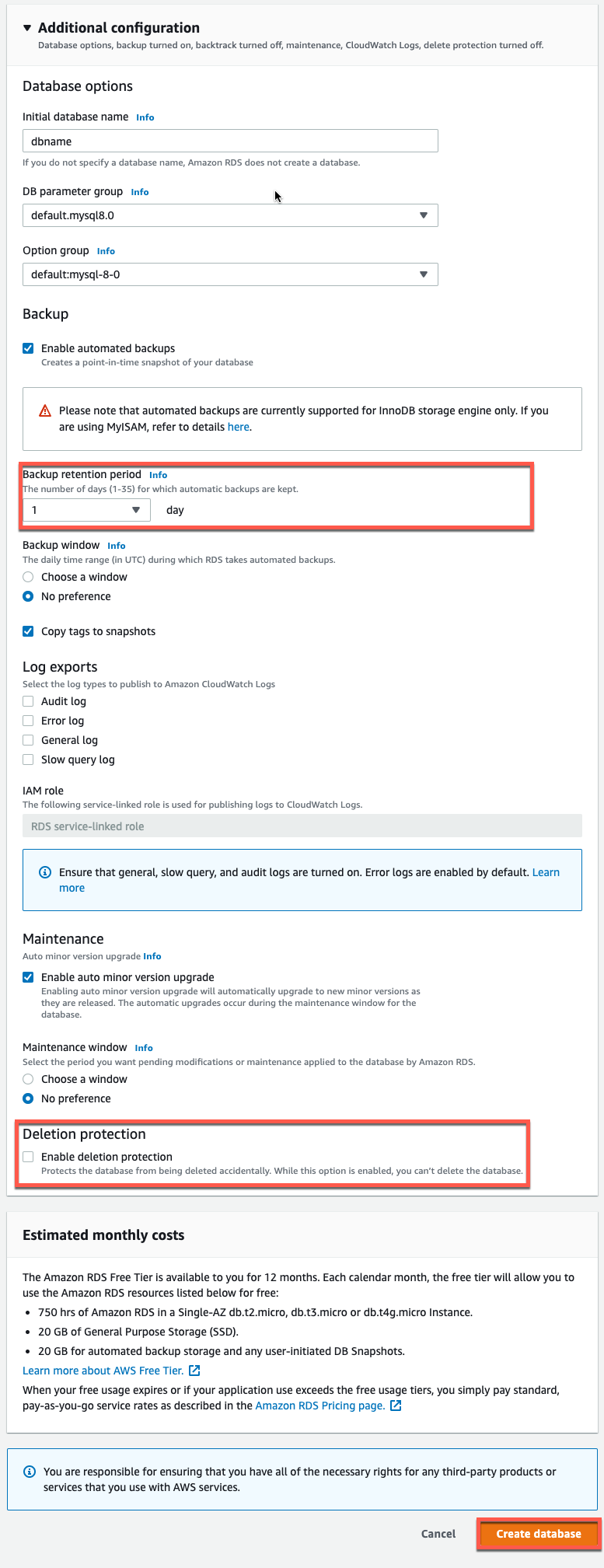 Amazon RDS additional configuration screen showing database options, backup settings, log exports, maintenance preferences, deletion protection, and estimated monthly costs with a "Create database" button.