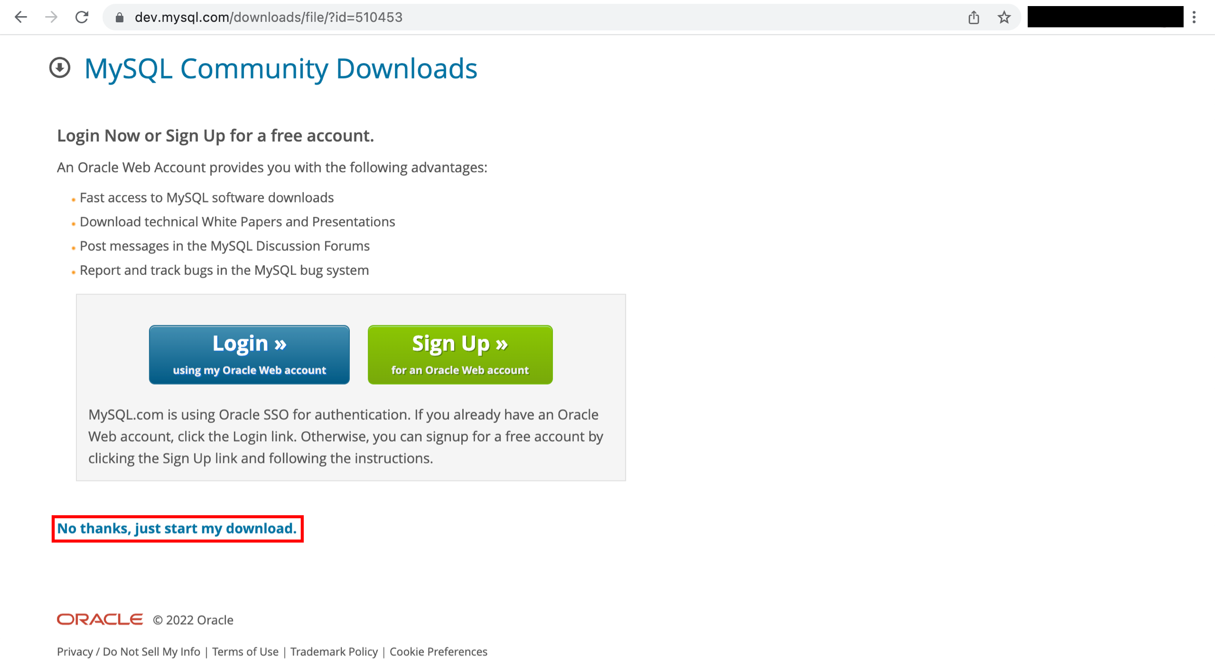 MySQL Community Downloads page with options to log in, sign up, or skip and start the download.