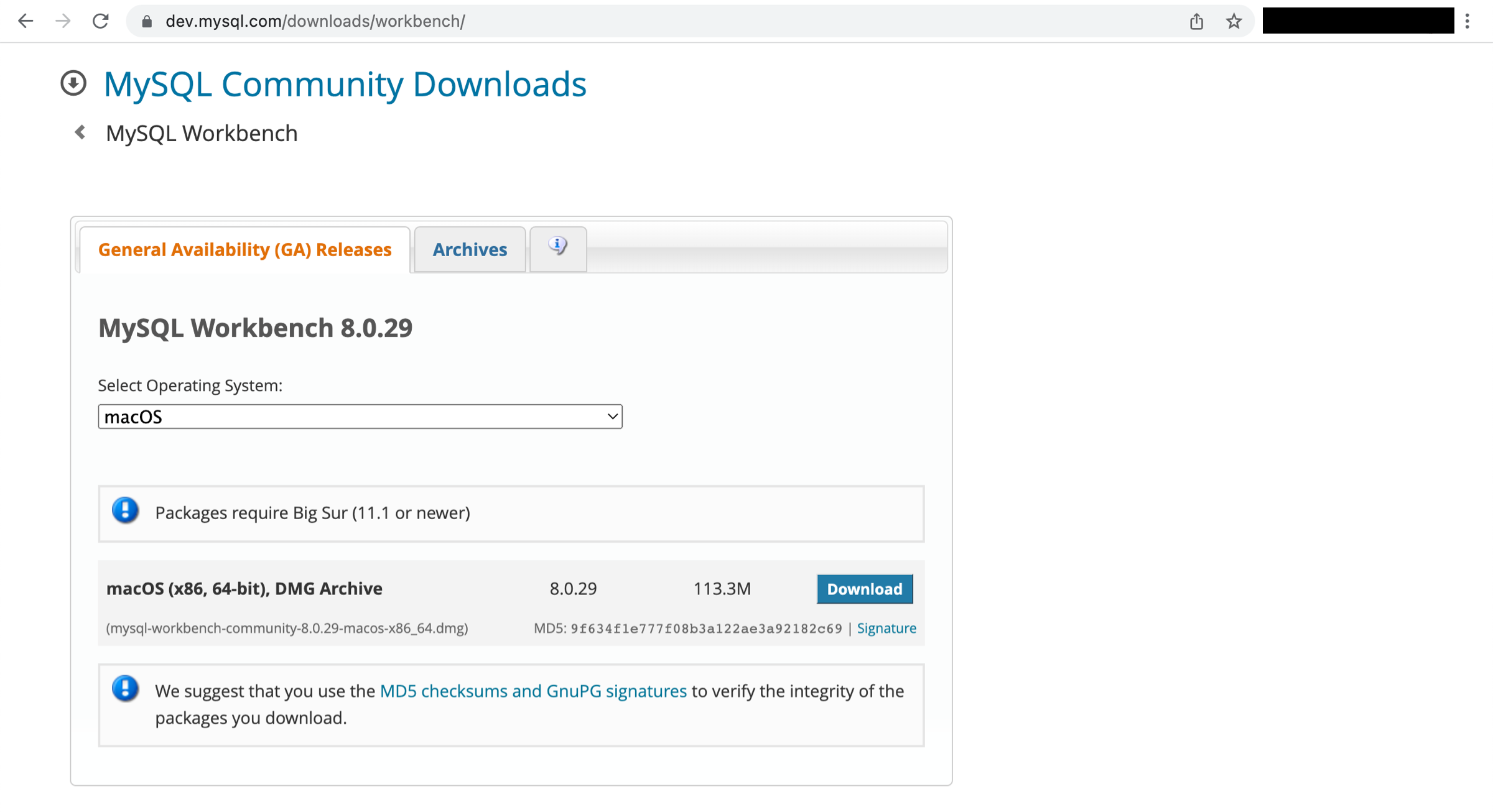 MySQL Community Downloads page for MySQL Workbench 8.0.29, showing macOS selected as the operating system with a download button for the DMG archive.