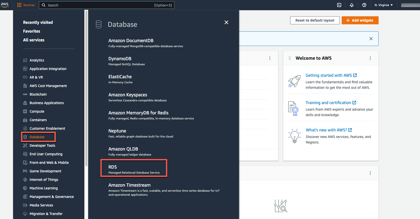 The AWS Management Console highlighting the 'Database' category in the left menu and 'RDS' (Relational Database Service) in the database services list.