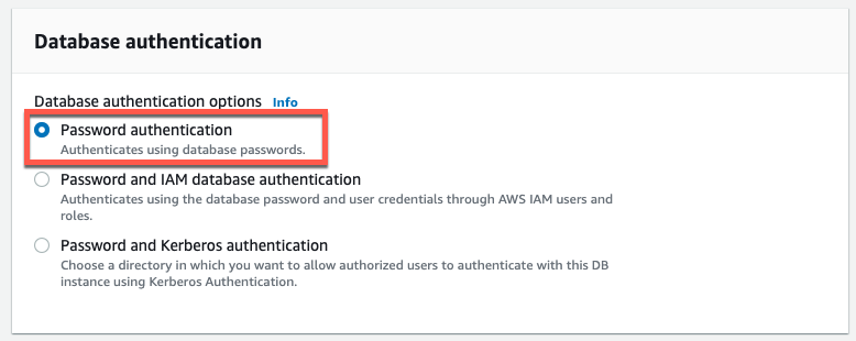 Database authentication options screen with 'Password authentication' selected, allowing authentication using database passwords.
