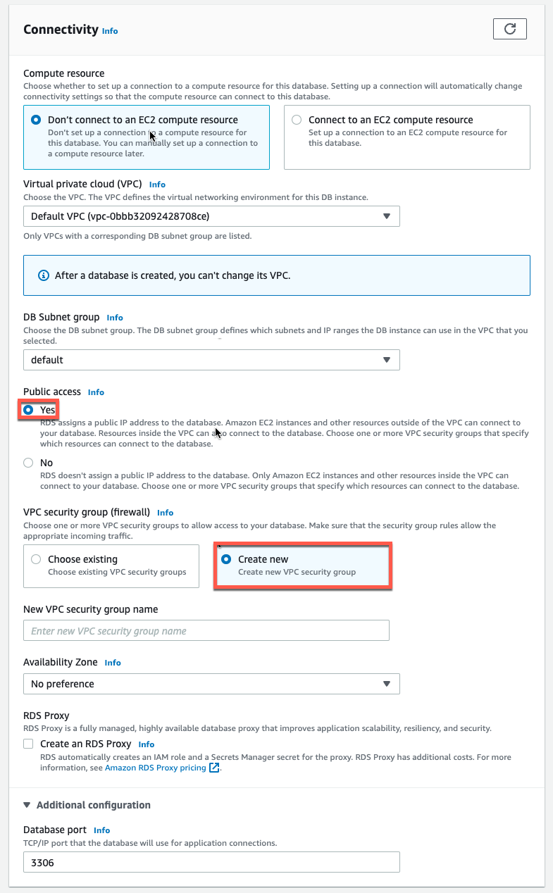 Database connectivity settings in AWS, showing options for compute resource connection, VPC selection, public access enabled, and creating a new VPC security group.