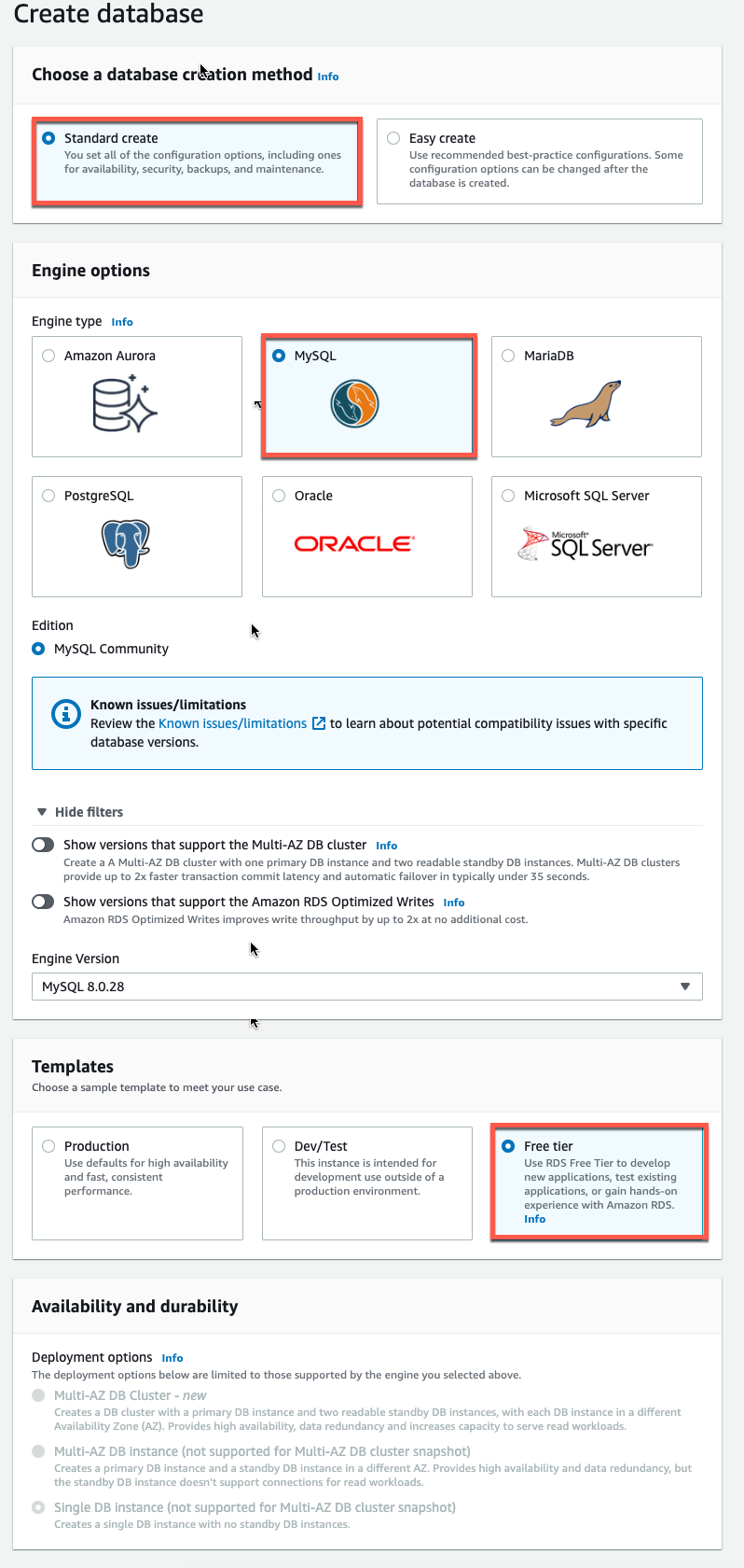 The AWS RDS "Create database" page with "Standard create" and "MySQL" options selected, engine version set to MySQL 8.0.28, and "Free tier" template highlighted.