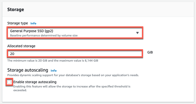 Storage settings interface showing General Purpose SSD (gp2) as the storage type, allocated storage set to 20 GiB, and an unchecked option to enable storage autoscaling.