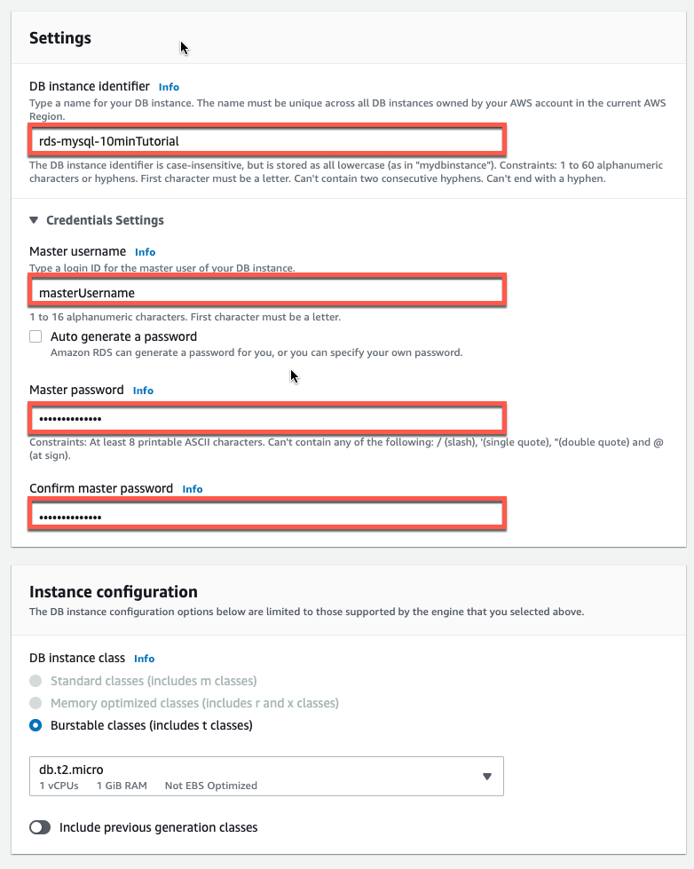 AWS RDS setup screen showing fields for DB instance identifier, master username, master password, and instance configuration options.