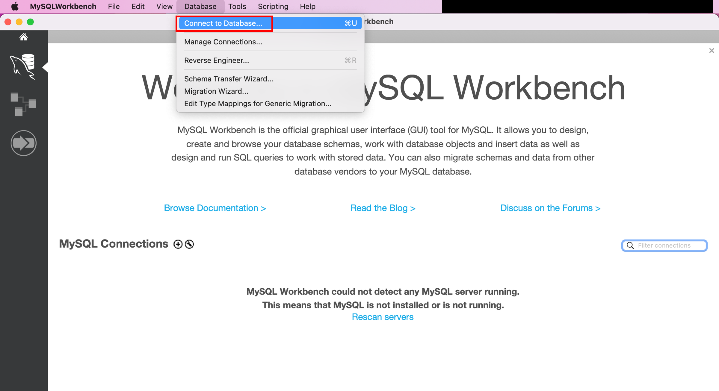 MySQL Workbench interface with the "Connect to Database" option highlighted in the Database menu.