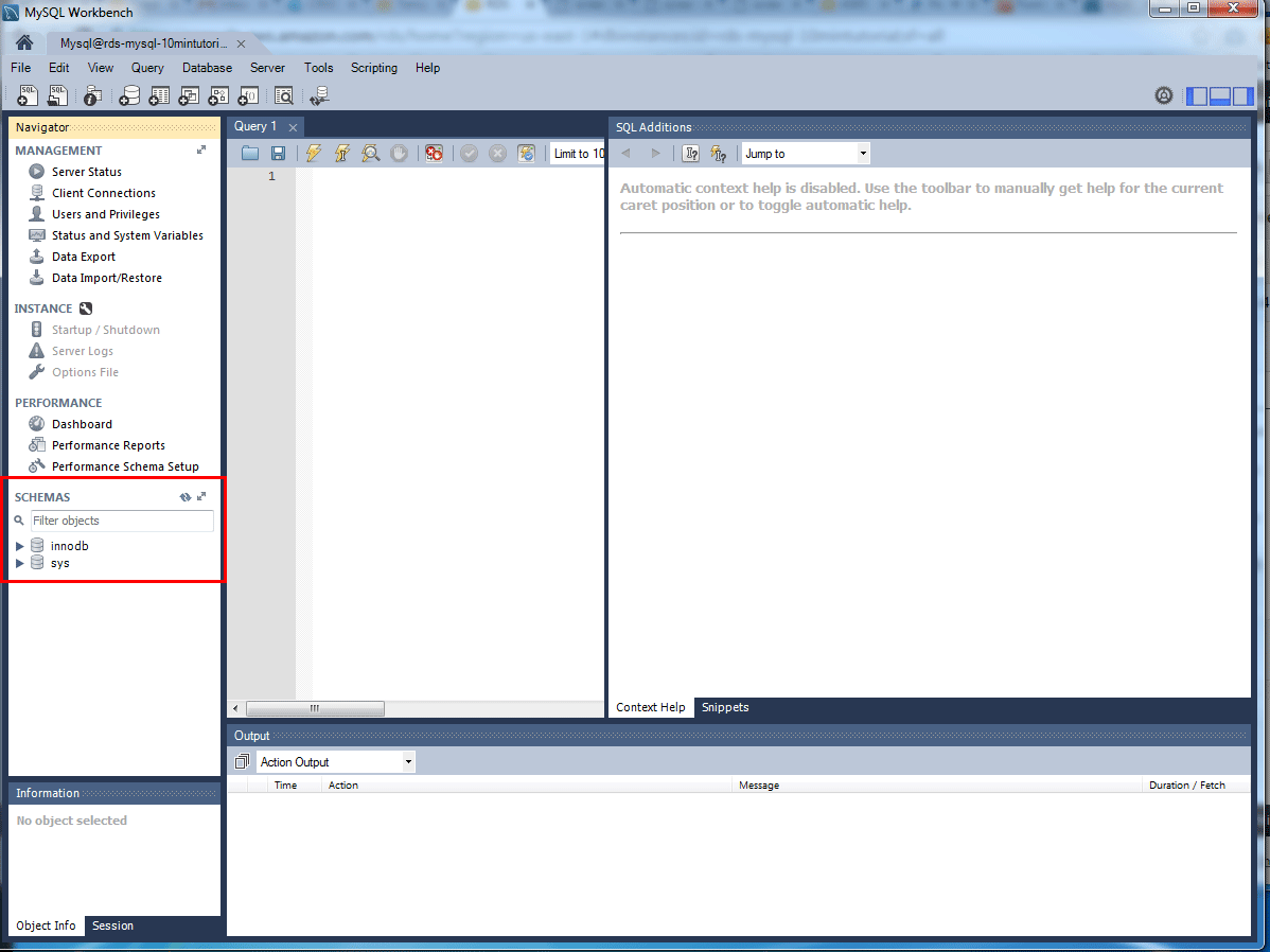 MySQL Workbench interface showing the Navigator panel with schemas "innodb" and "sys," an empty query editor, and the output and context help sections.