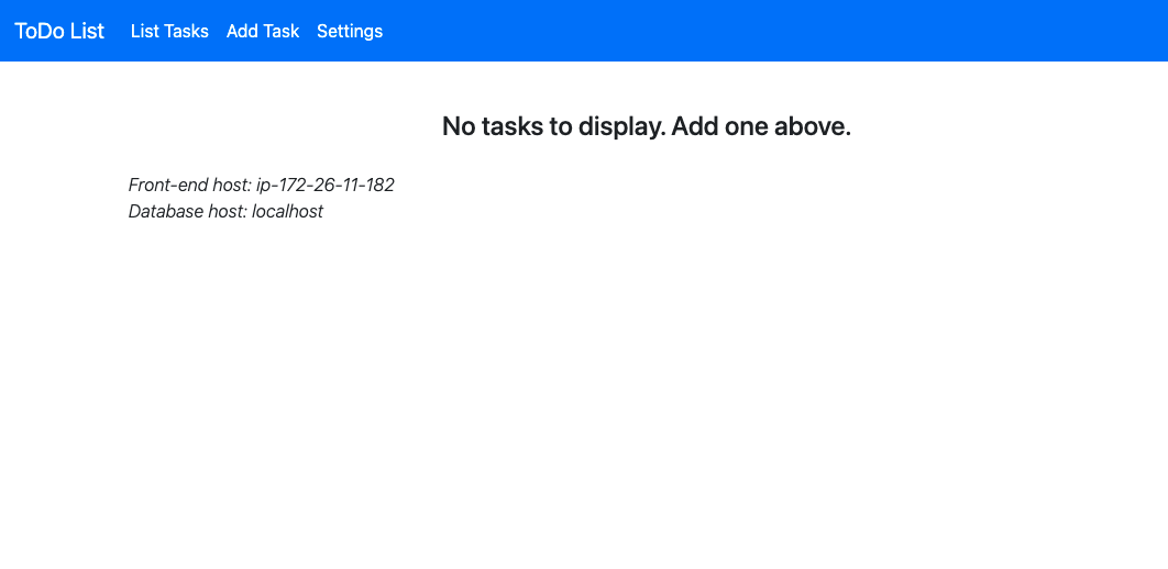 The AWS Lightsail To-Do List application showing an empty state with no tasks to display and navigation options at the top.