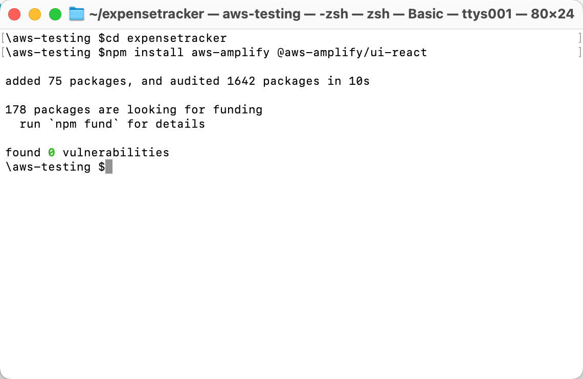 A terminal window showing the installation of AWS Amplify and @aws-amplify/ui-react libraries using npm as part of a tutorial for deploying a web app with AWS Amplify. The output confirms successful installation with no vulnerabilities found.