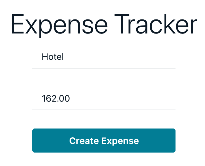 An expense tracker web application from an AWS Amplify deployment tutorial, showing a form for tracking an expense labeled 'Hotel' with an amount of 162.00 and a 'Create Expense' button.