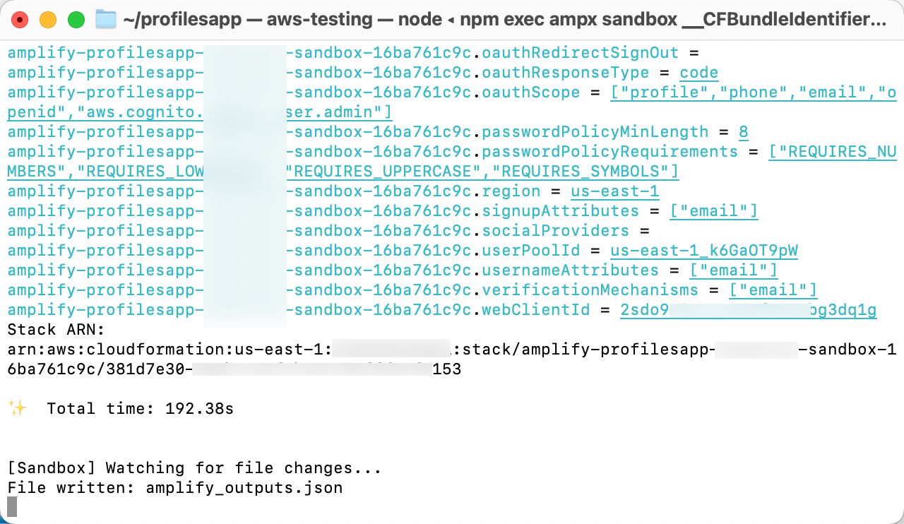 A Mac terminal showing AWS Amplify profiles app configuration, CloudFormation stack ARN output, and sandbox deployment status. The console displays environment variables and completion messages for deploying an Amplify app using Node.js and AWS services.