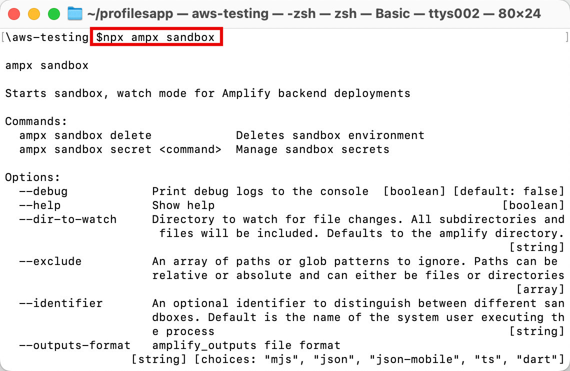 A terminal showing the 'npx ampx sandbox' command and options for starting sandbox mode for Amplify backend deployments. The image is part of an AWS Amplify tutorial for deploying web apps using sandbox environments.