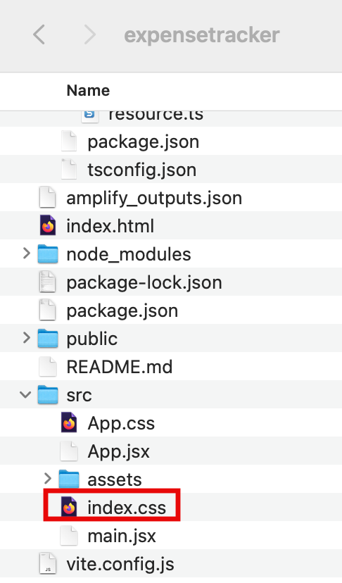 A file explorer showing the folder structure for an 'expensetracker' web application project, highlighting the 'index.css' file in the 'src' directory during an AWS Amplify web app deployment tutorial.