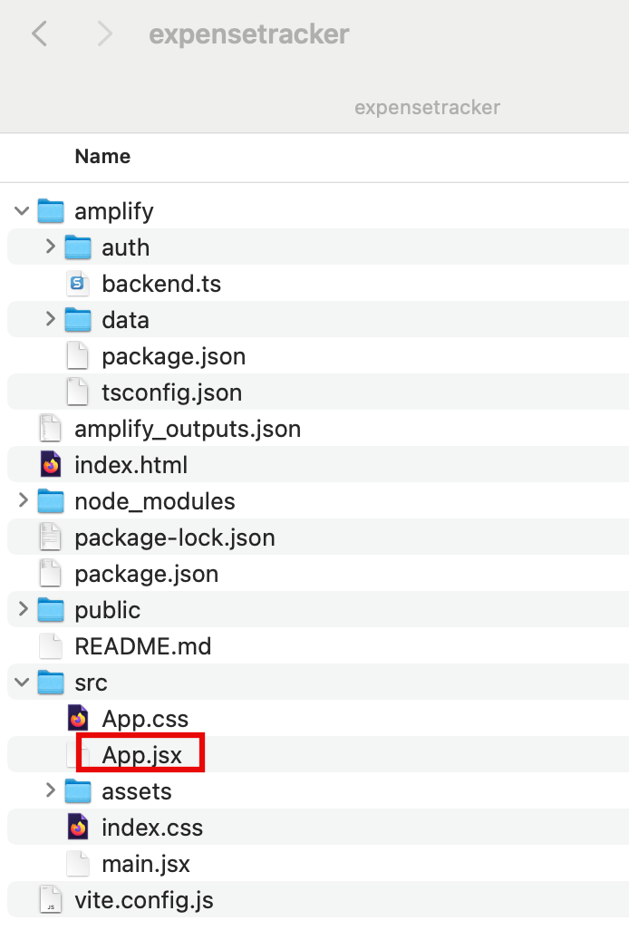 The expensetracker project directory showing folders and files for an AWS Amplify web app, with App.jsx in the src folder highlighted. Useful for a getting started tutorial with AWS Amplify and React.