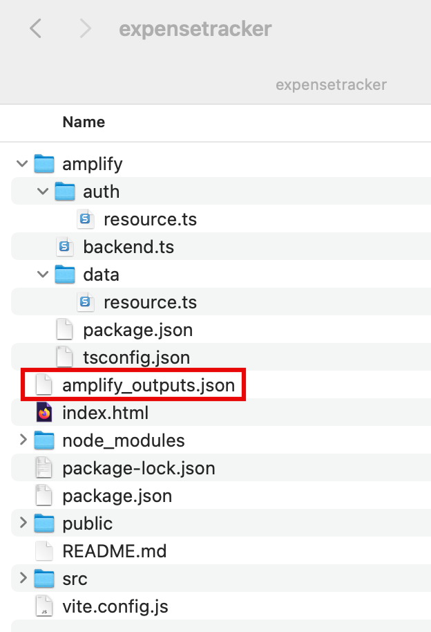 The file structure of an 'expensetracker' web app project, with the 'amplify_outputs.json' file highlighted in the amplify folder. This image is used in an AWS Amplify deployment tutorial to illustrate where the outputs file is located within a typical project directory.