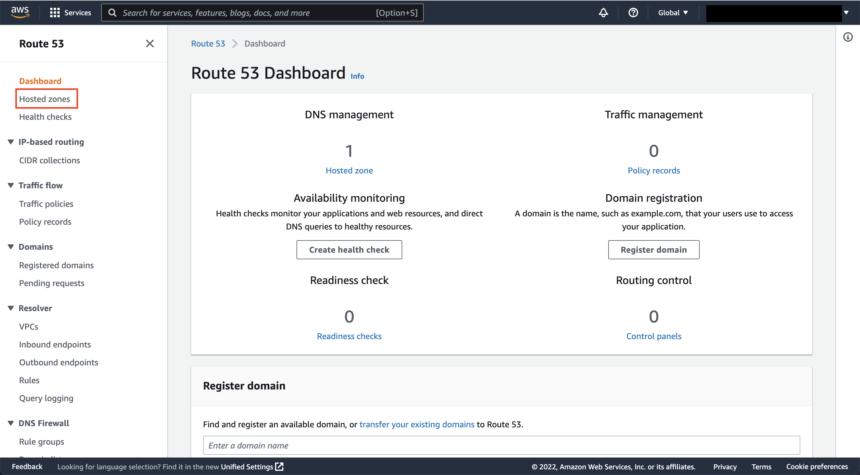 The AWS Route 53 dashboard showing DNS management, traffic management, domain registration, and routing control options, with one hosted zone and zero policy records, readiness checks, and control panels.
