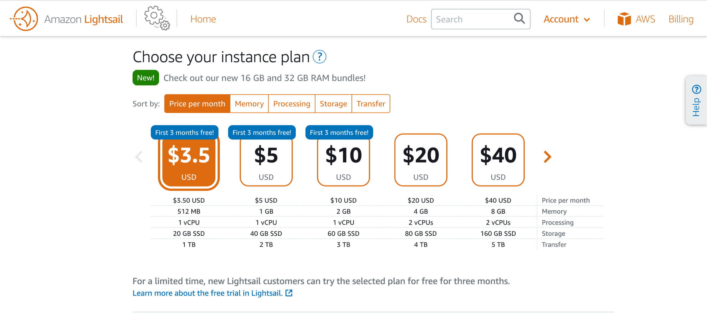Amazon Lightsail pricing plans with options ranging from $3.50 to $40 per month, highlighting features like memory, storage, and free trials for the first three months.