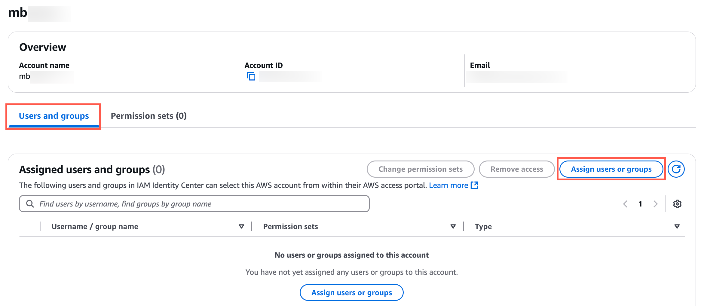 AWS account management interface showing the "Users and groups" tab with no users or groups assigned, and an option to "Assign users or groups.".
