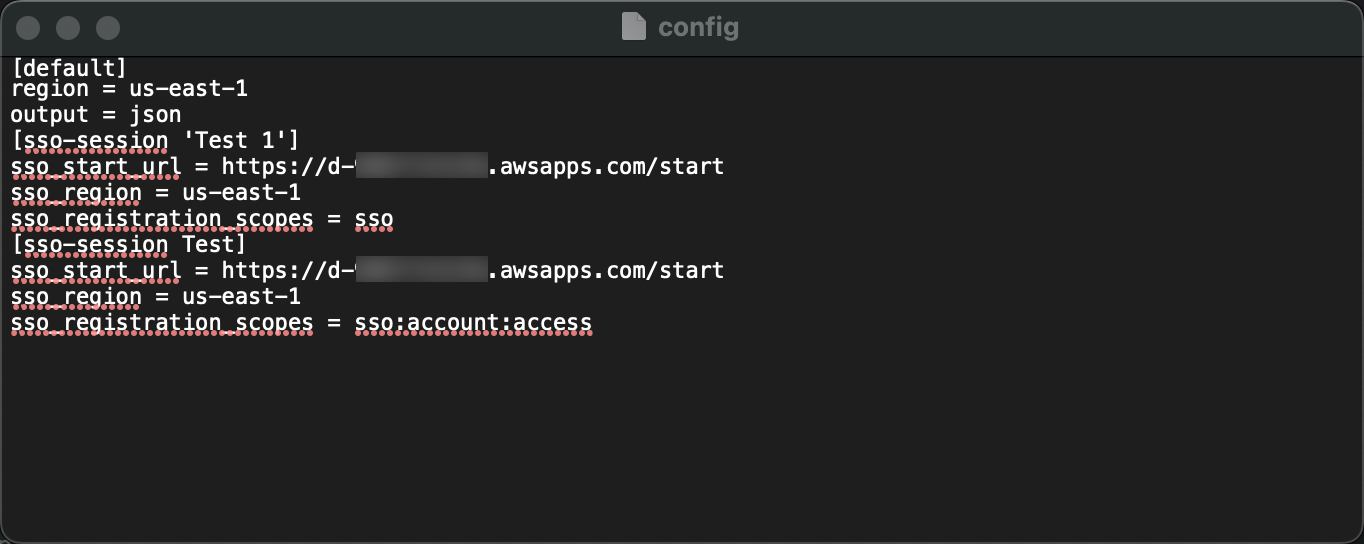 A configuration file displayed in a code editor, showing IAM Identity Center settings with regions, start URLs, and registration scopes.