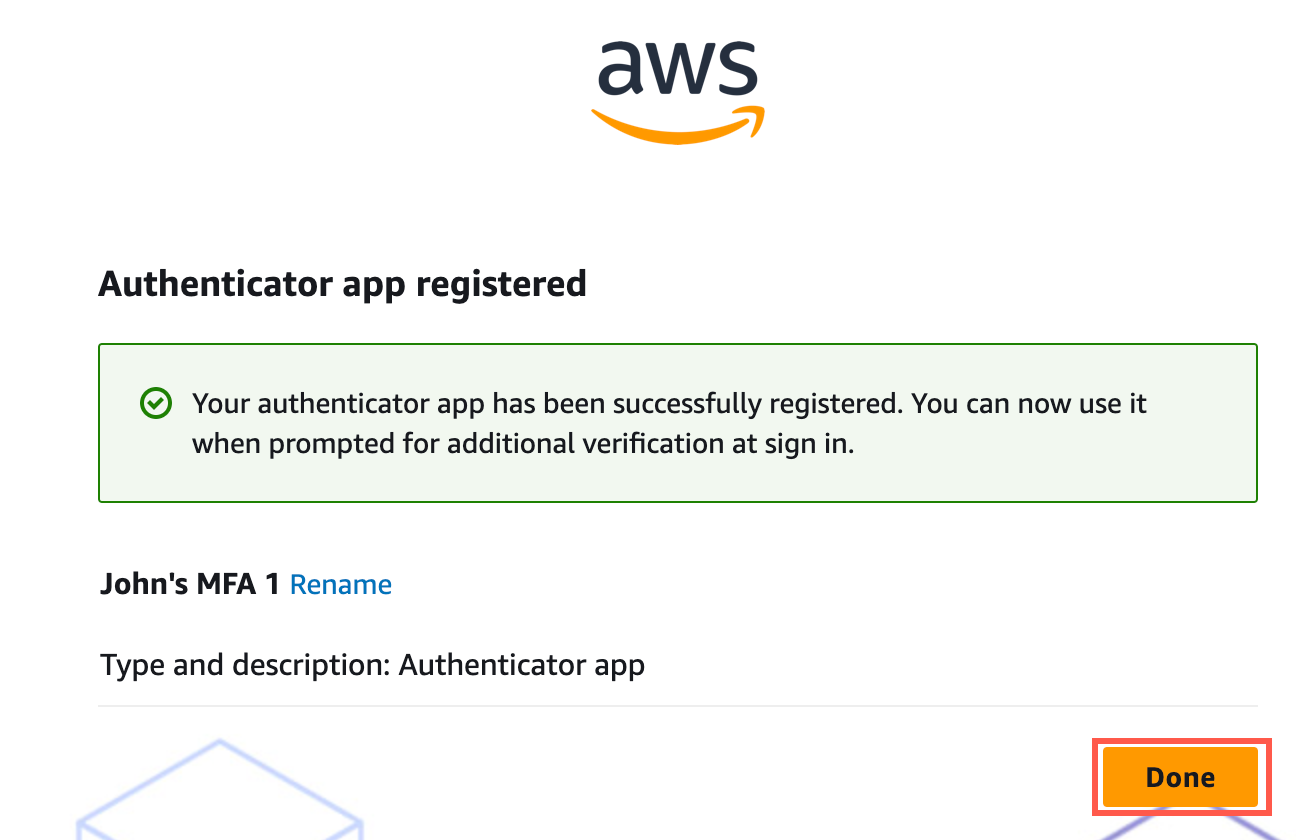 Confirmation screen showing 'Authenticator app registered' with a success message and a 'Done' button highlighted.