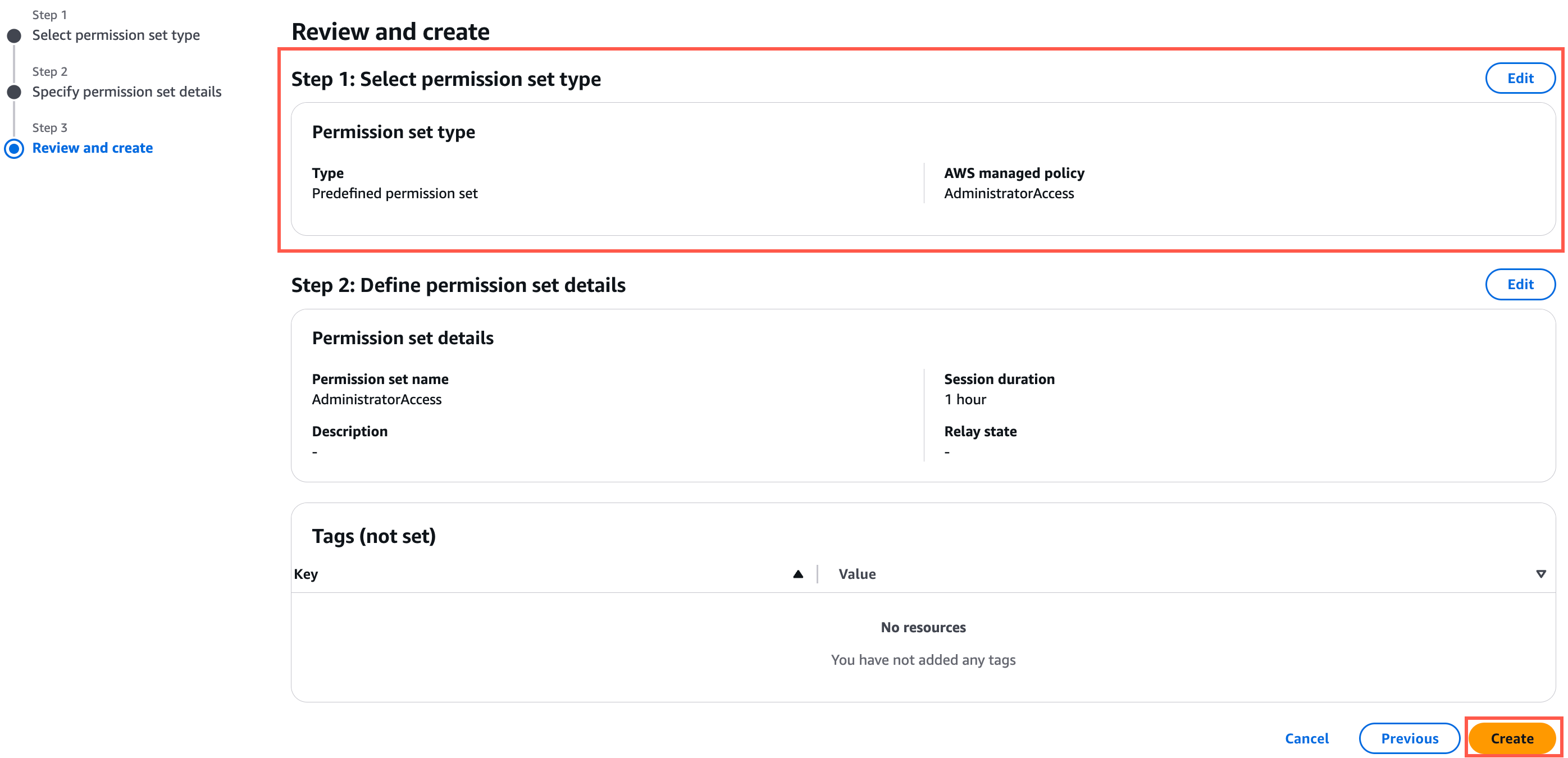 AWS console screen showing "Review and create" step for setting permissions, with predefined permission set "AdministratorAccess" and session duration of 1 hour.