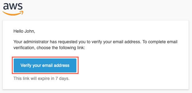 Email verification message from AWS with a button labeled 'Verify your email address' and a note that the link expires in 7 days.