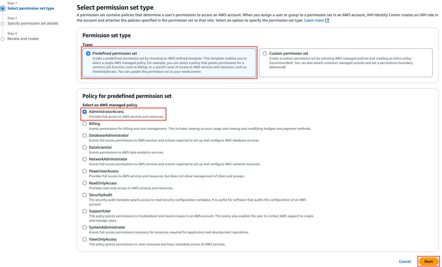 The AWS Identity Center interface showing the "Select permission set type" step, with "Predefined permission set" and "AdministratorAccess" policy selected, providing full access to AWS services and resources.