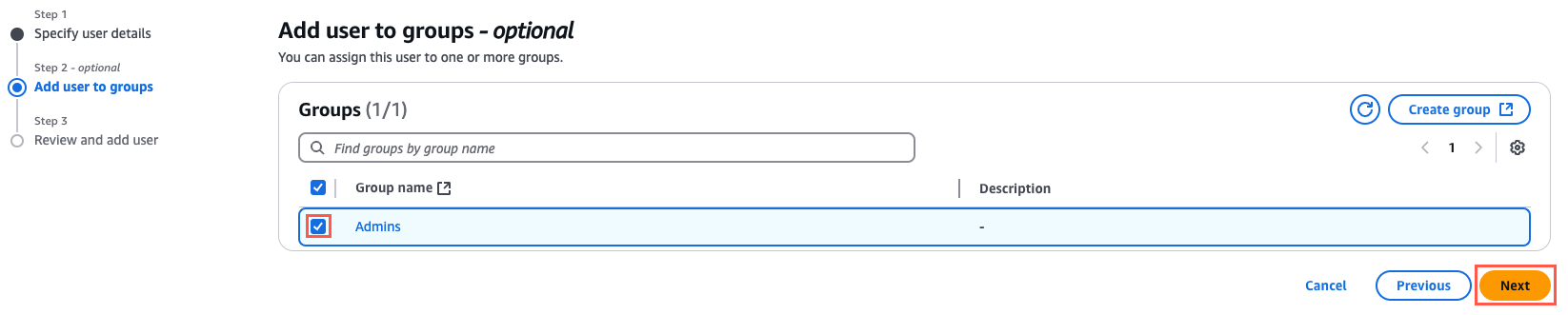 Interface for adding a user to groups, with 'Admins' group selected and 'Next' button highlighted.