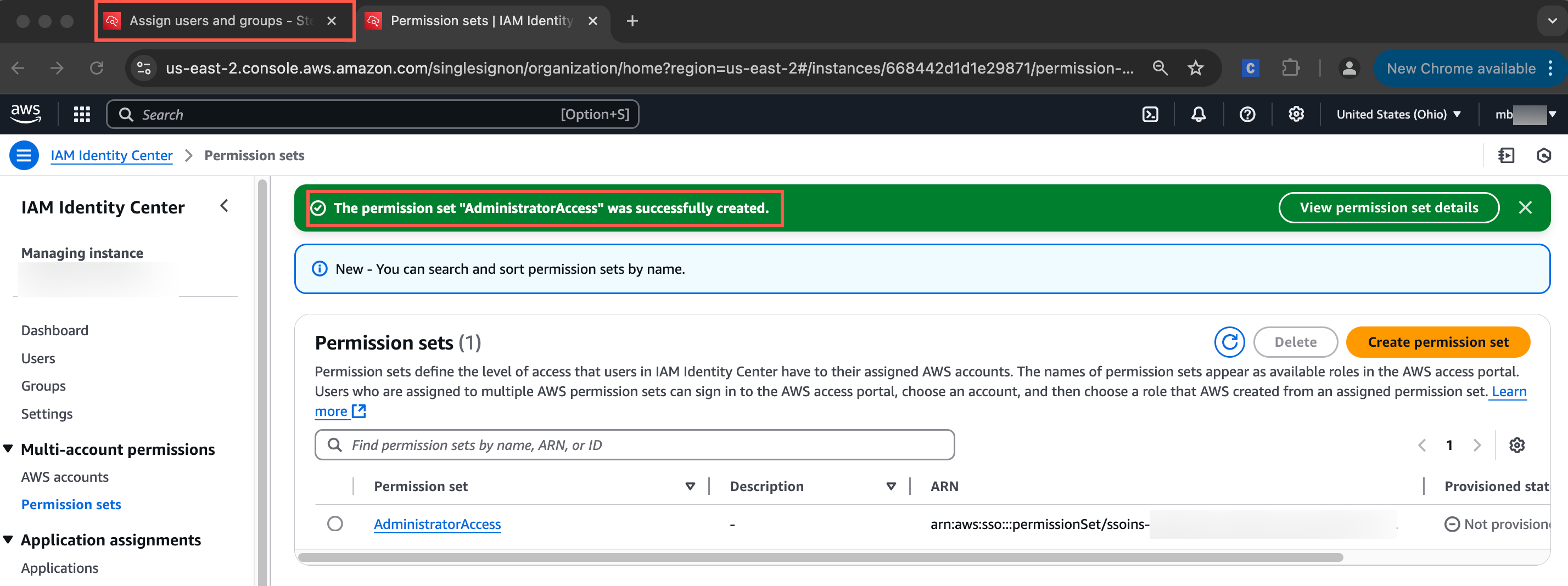 AWS IAM Identity Center interface showing a confirmation message that the "AdministratorAccess" permission set was successfully created.