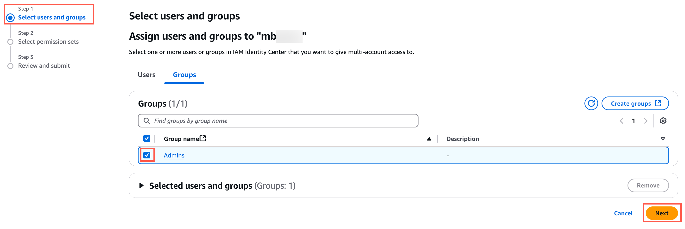 IAM Identity Center interface showing Step 1: Select users and groups, with the 'Admins' group selected and the 'Next' button highlighted.
